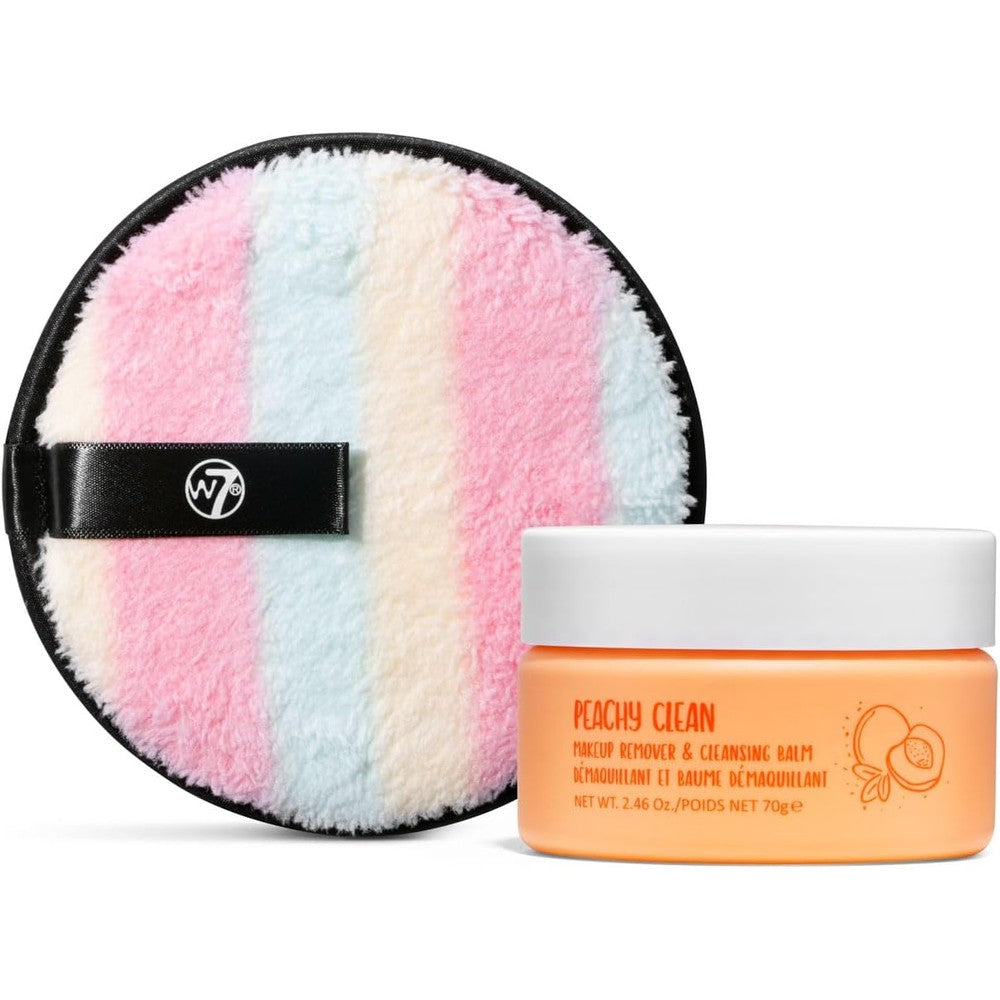 W7 Peachy Clean Makeup Melt Set front view with cleansing balm jar and microfiber pad