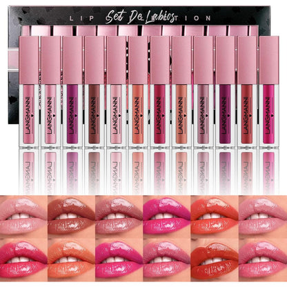 LANGMANNI 12pcs lip gloss collection with 12 mini tubes of shimmery liquid shades