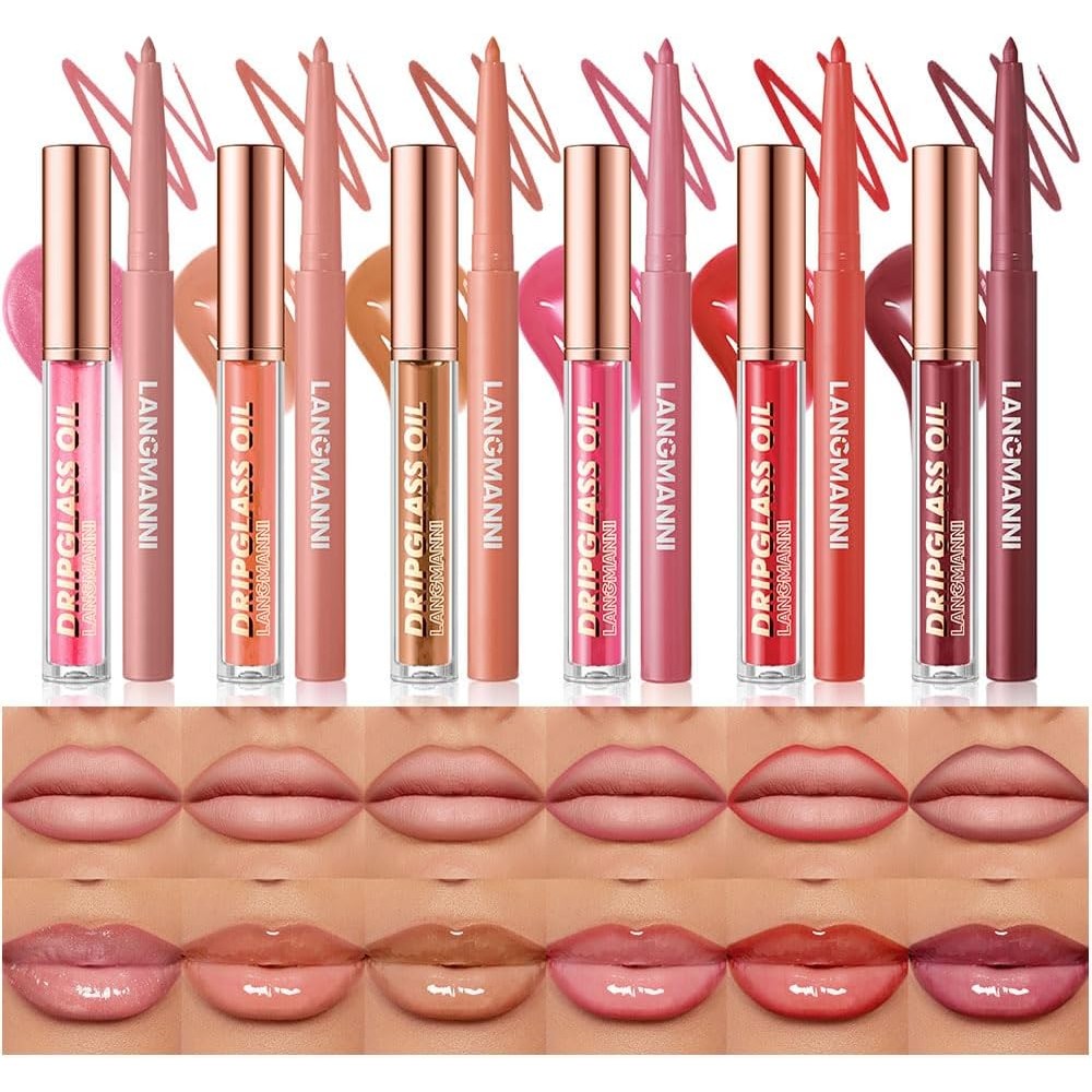 BestLand 12 pcs hydrating lip oil and matte lip liner pencil combo set
