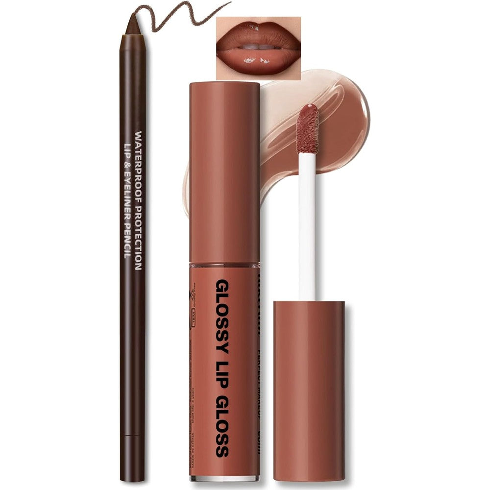 HOSAILY Nourishing Lip Gloss with Brown Lip Liner Set front view packaging