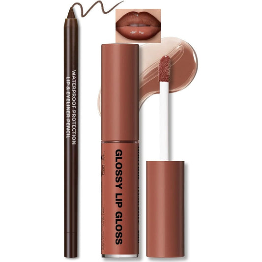 HOSAILY Nourishing Lip Gloss with Brown Lip Liner Set front view packaging