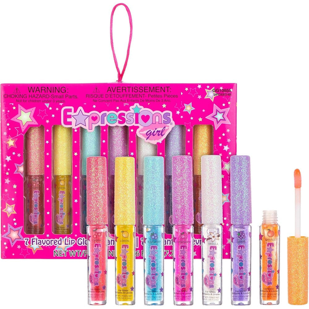 Expressions girl 7 piece fruity flavored lip gloss set with glitter caps