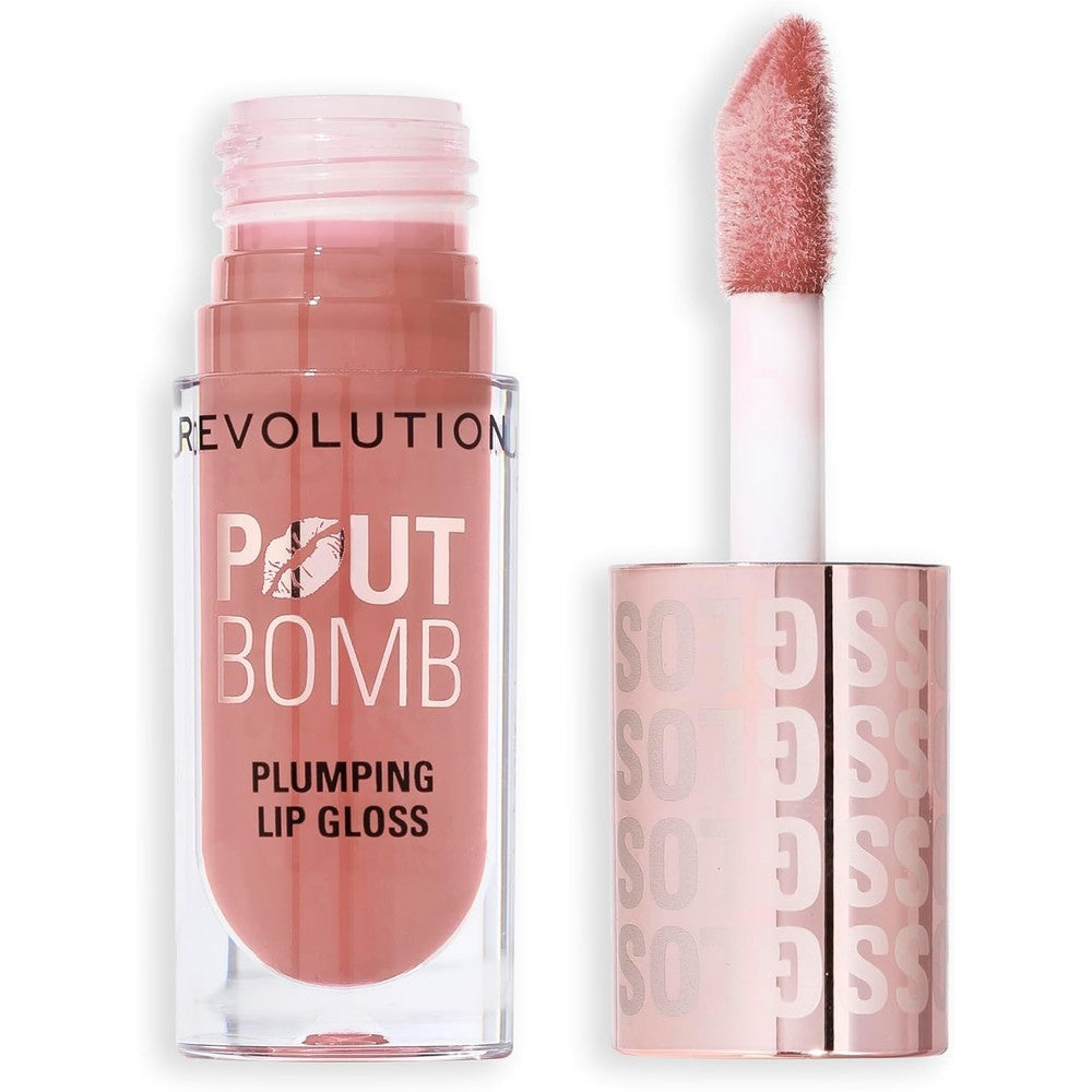 Revolution pout bomb plumping lip gloss in candy pink tube with high shine finish