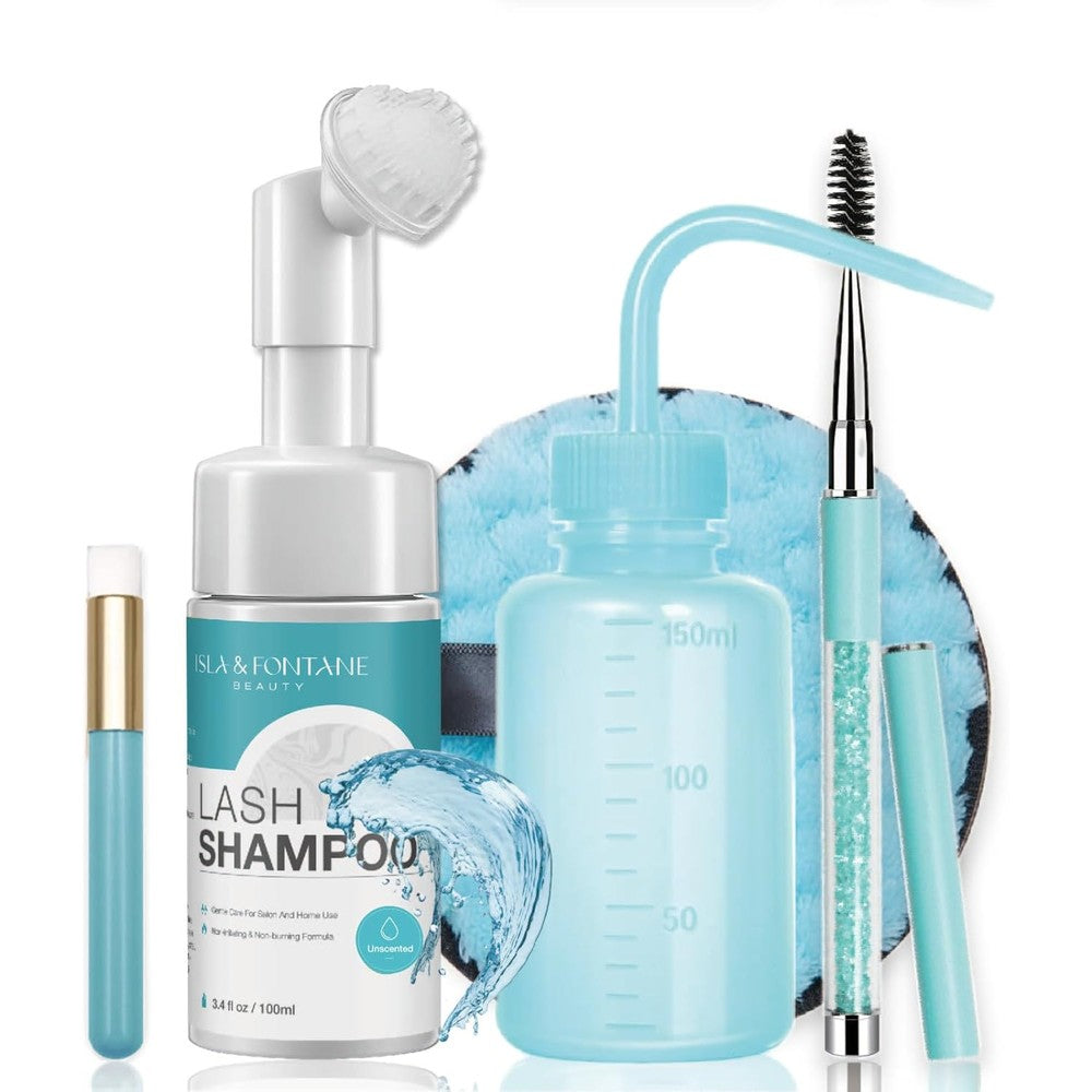 Isla And Fontane Lash Shampoo Kit front view with cleanser bottle