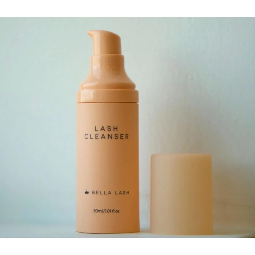 Bella Lash water based lash cleanser bottle front view with pump dispenser