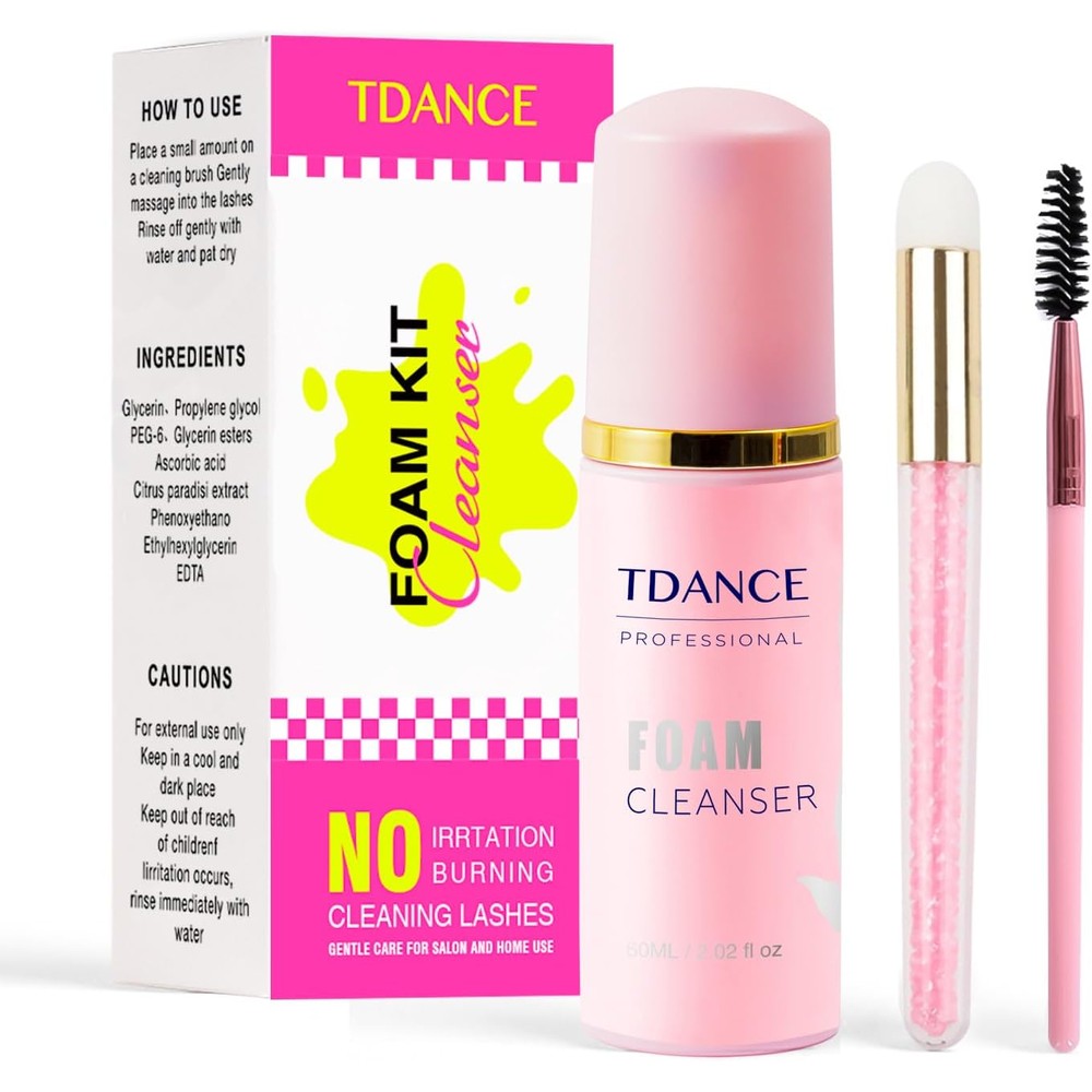 TDance eyelash extension cleanser bottle front view with pump and brushes