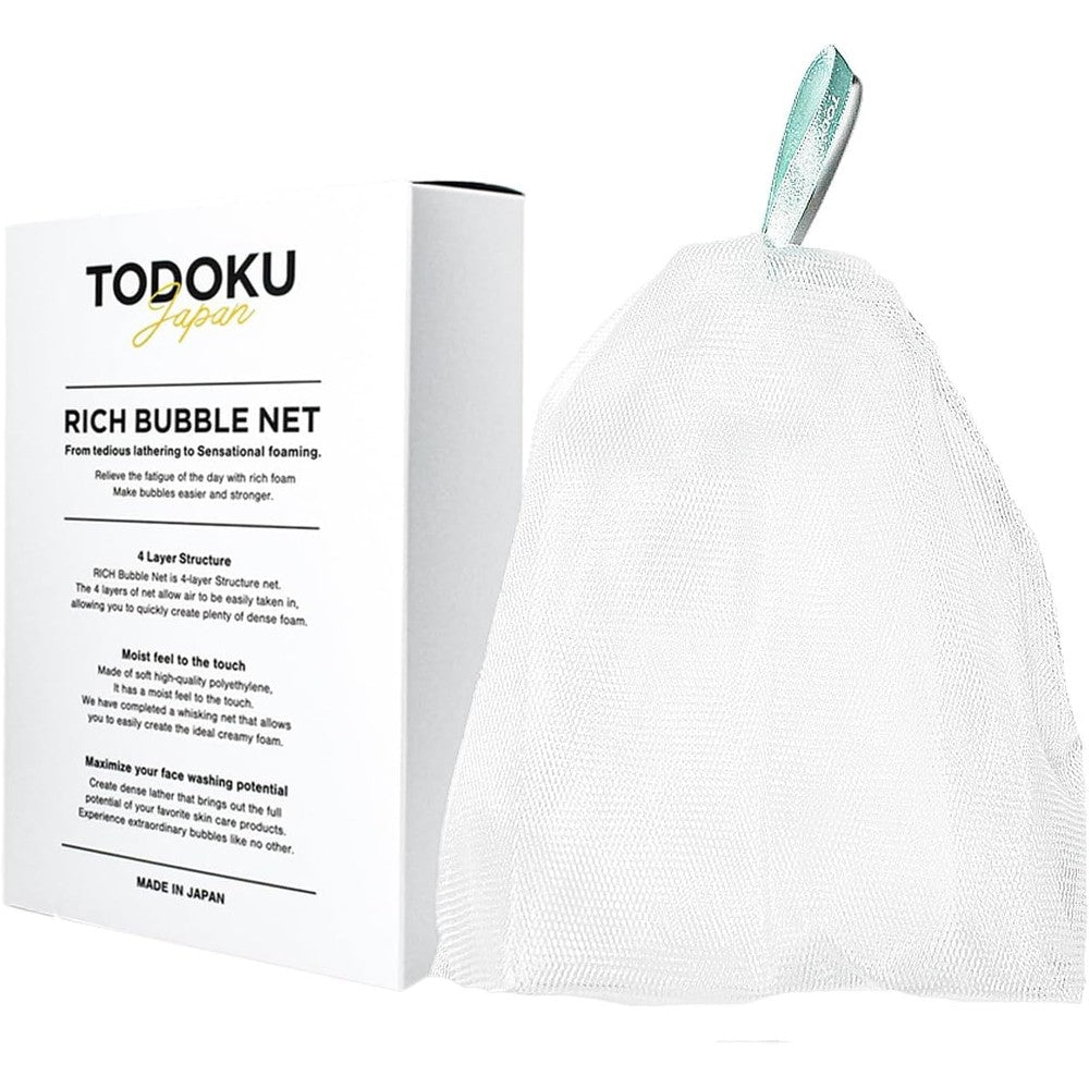 Todoku Japan Rich Bubble Face Wash Soap Net front view showing turquoise mesh and hanging loop