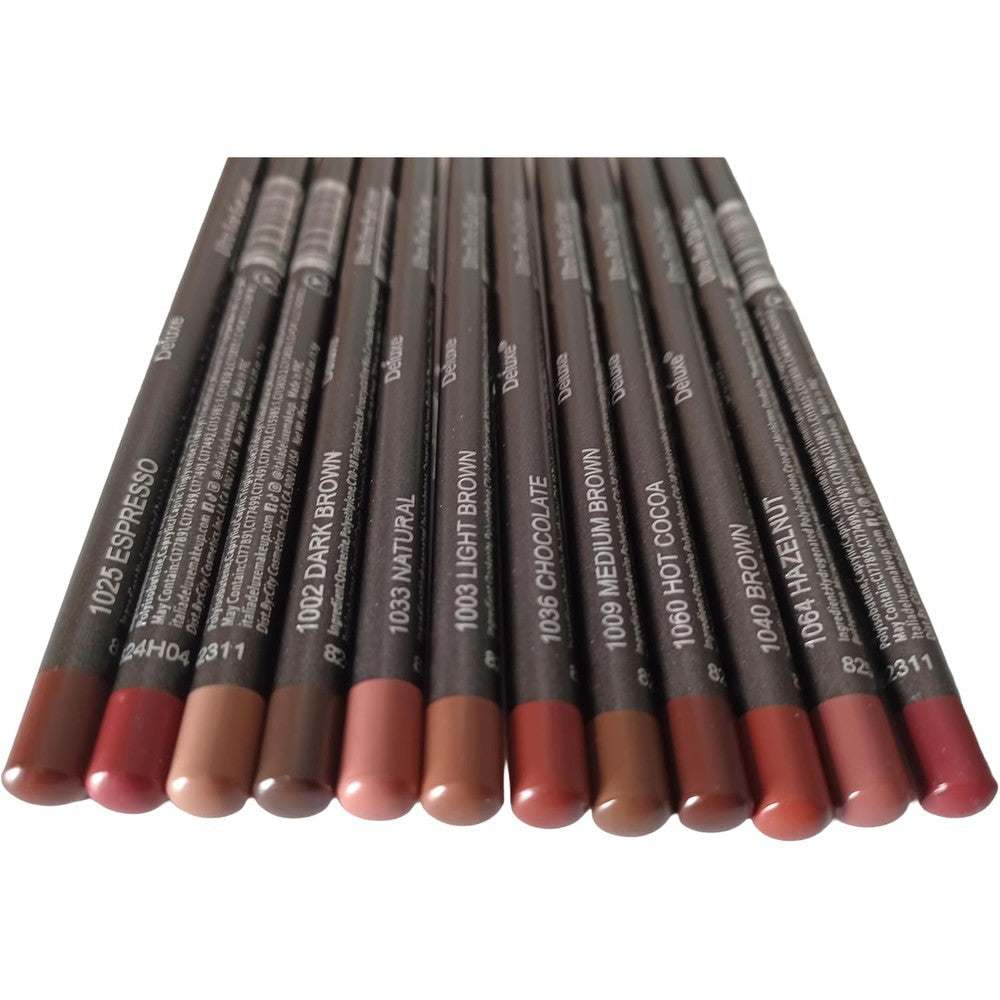 Twelve piece brown eyeliner and lip pencil set for precise makeup application