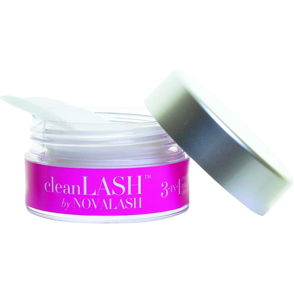 NovaLash cleanLASH 3 in 1 eyelash extension care pads front view jar