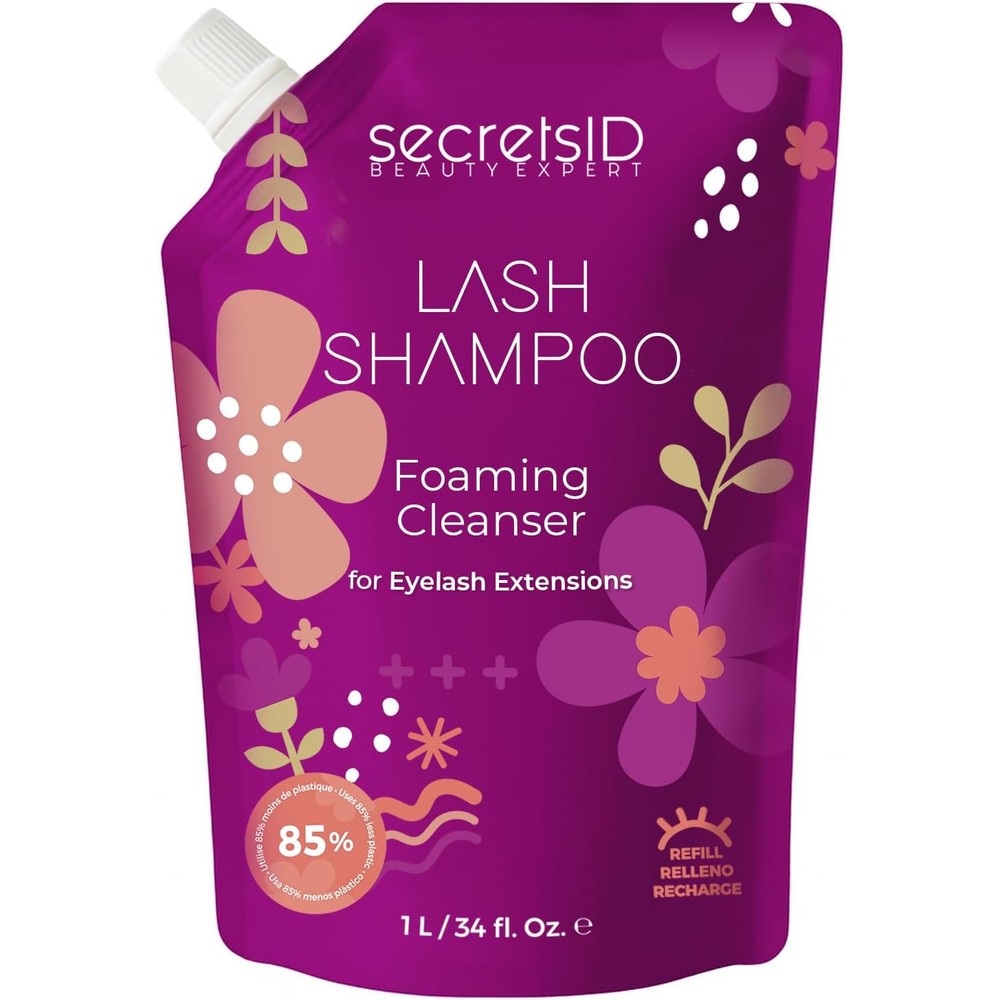 SecretsID professional lash shampoo bottle front view with purple floral design