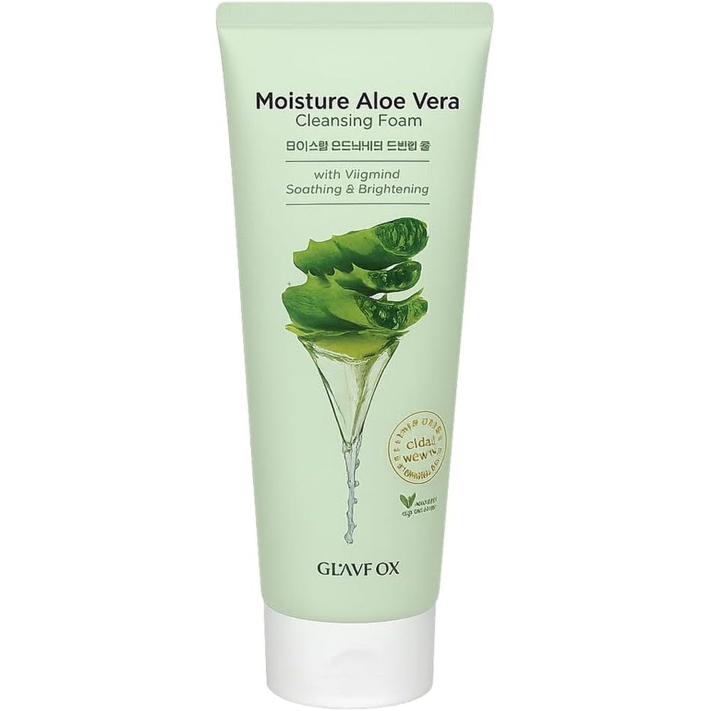 Glamfox Moisture Aloe Vera Cleansing Foam front tube view showing branding and packaging design.