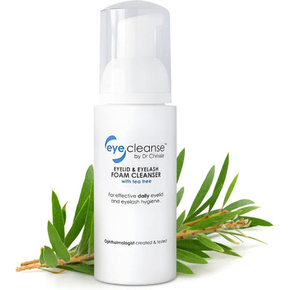 Dr Chrissie EyeCleanse All In One Eyelid and Eyelash Cleanser front view showing bottle packaging.