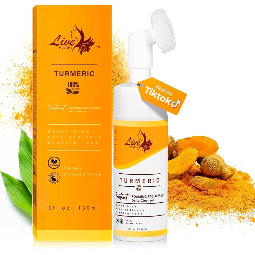Live Healthy turmeric foaming face wash front view bottle and box packaging