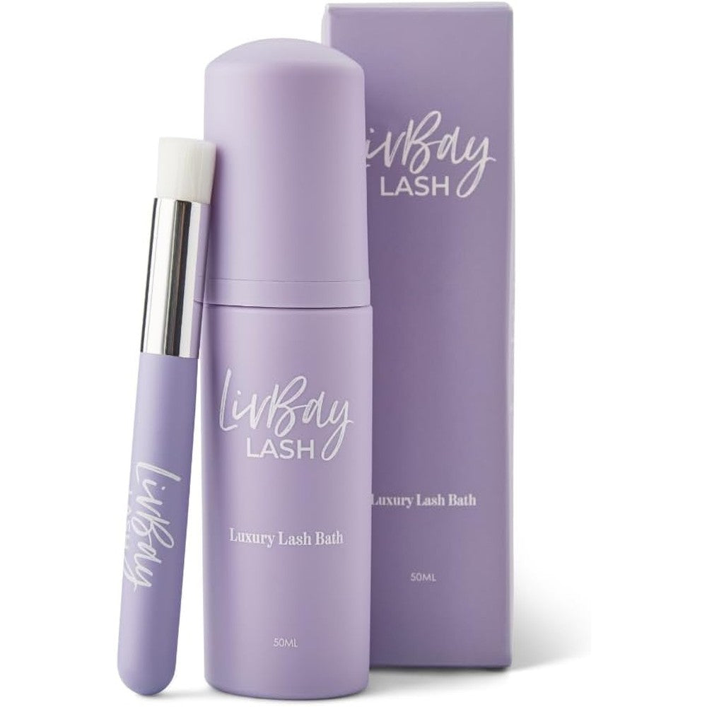 LivBay Luxury Lash Bath and brush combo bottle front view in sleek lilac packaging