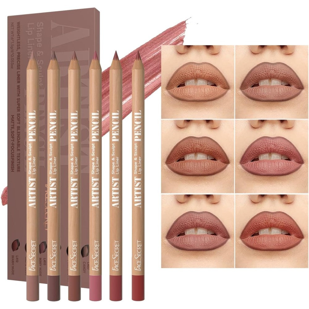 Beauty Glazed 6 Piece Nude Brown Lip Liner Makeup Set front view showcasing six matte pencils