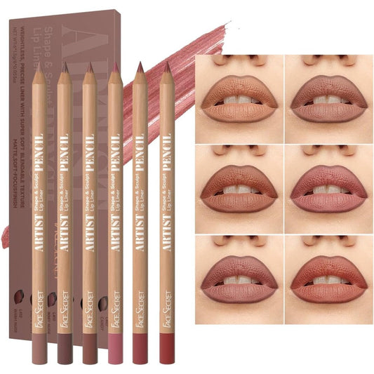 Beauty Glazed 6 Piece Nude Brown Lip Liner Makeup Set front view showcasing six matte pencils