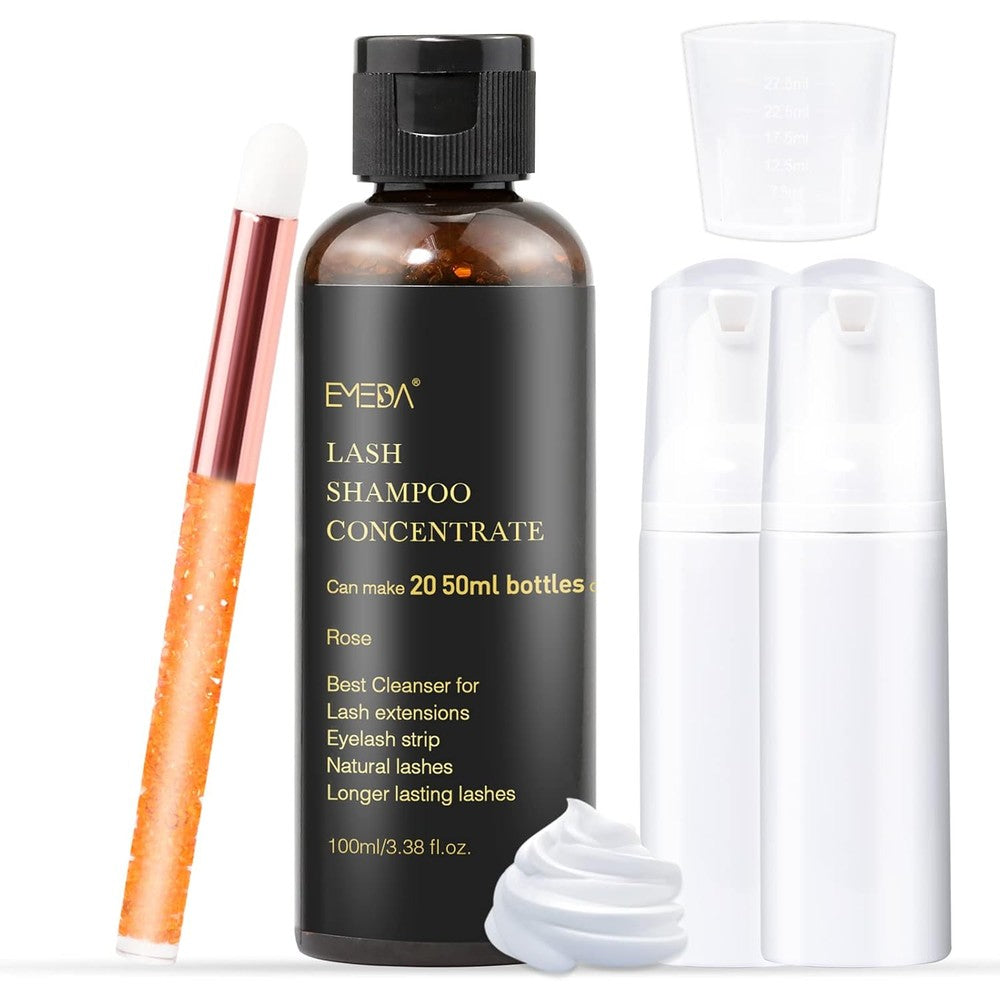 EMEDA lash shampoo concentrate front view showing the 100 milliliter bottle and rose scent labeling.