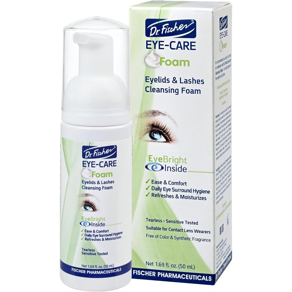 Dr. Fischer Tea Tree Oil Eyelid Cleanser front view of the foaming wash bottle.