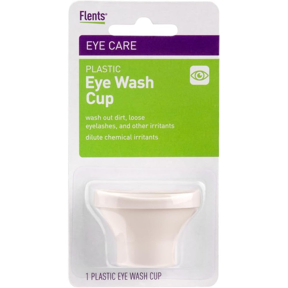 Flents plastic eye wash cup front view showing white reusable container design