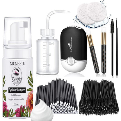 Nicmeetu eyelash extension cleanser kit front view displaying foam shampoo bottle and mini fan