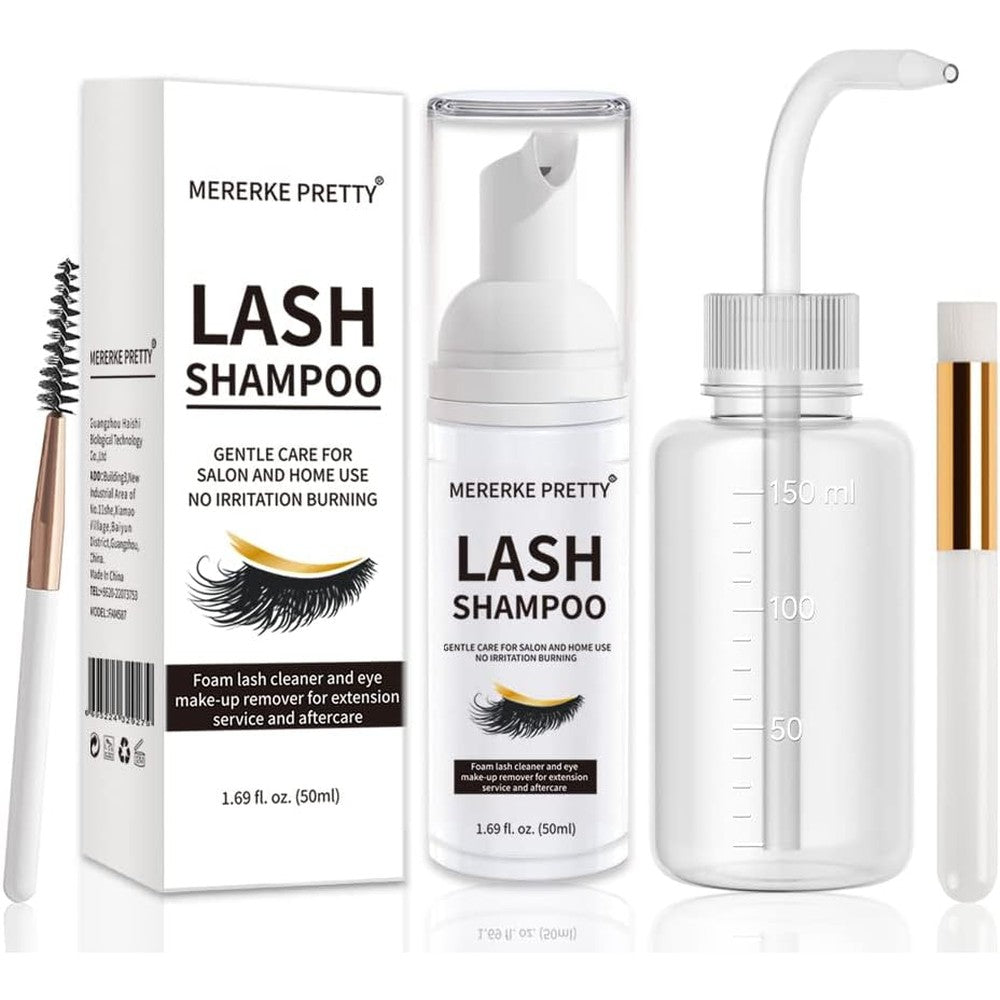 Mererke Pretty Eyelash Extension Cleanser Kit front view showing the 50 milliliter foam shampoo bottle.