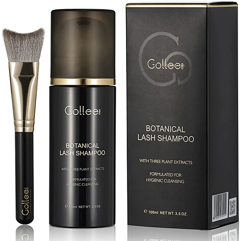 Golleepro botanical lash shampoo bottle front view with cleaning brush