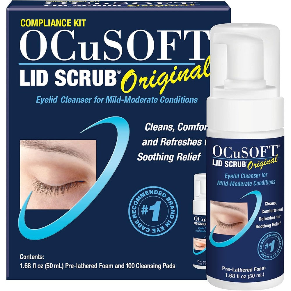 OCuSOFT Lid Scrub Original Compliance Kit front view with foaming bottle and wipes