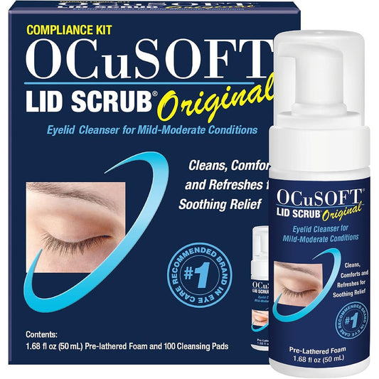 OCuSOFT Lid Scrub Original Compliance Kit front view foaming eyelid cleanser and dry pads packaging
