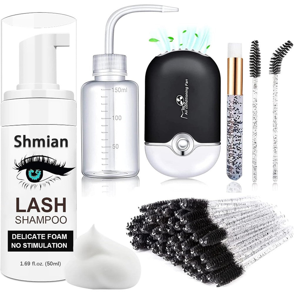 Shmian lash shampoo kit front view showcasing foam cleanser and accessories