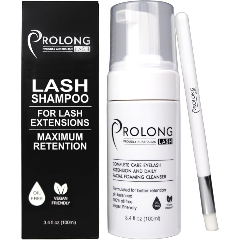 Prolong Lash Eyelash Extension Shampoo and Brush Kit front view showing the 100 milliliter pump bottle and cleansing brush.
