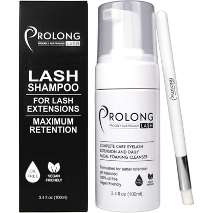 Prolong Lash Eyelash Extension Shampoo and Brush kit front view on daily makeup remover bottle