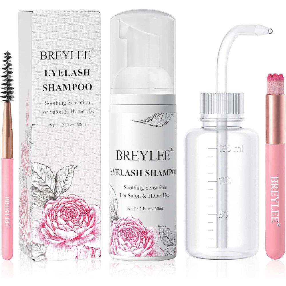 Breylee eyelash extension shampoo kit front view packaging and bottle