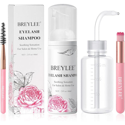 Breylee rose eyelash extension shampoo kit front view displaying foam cleanser bottle and accessories