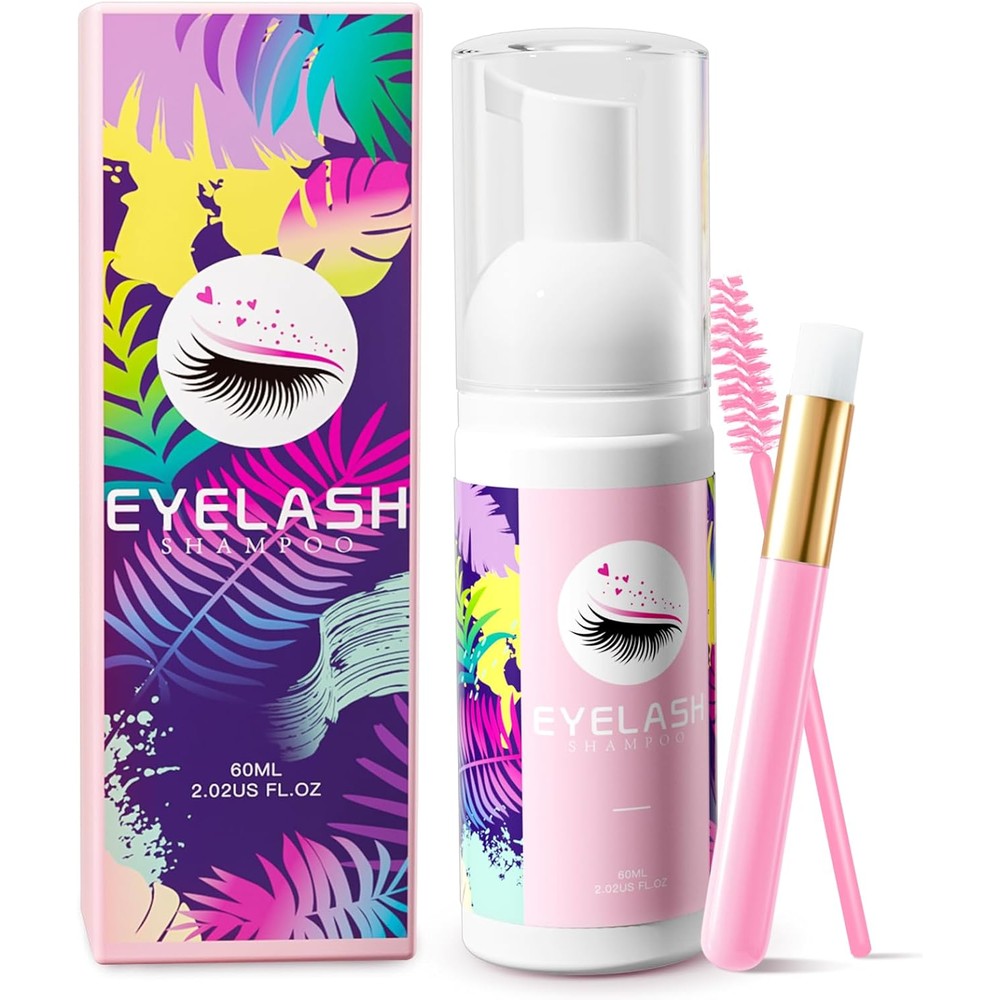 Buqikma Eyelash Extension Shampoo Kit front view packaging and cleanser bottle