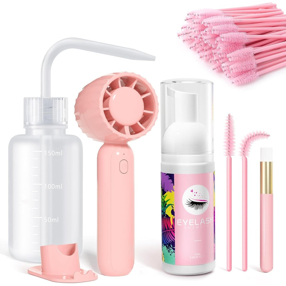Buqikma lash cleaning kit with shampoo and fan front view