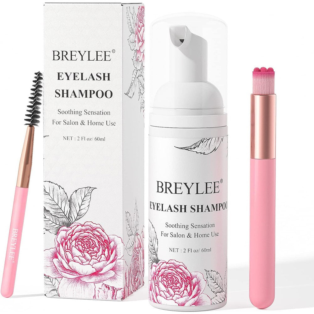 Breylee eyelash cleanser shampoo pump bottle front view with pink rose design