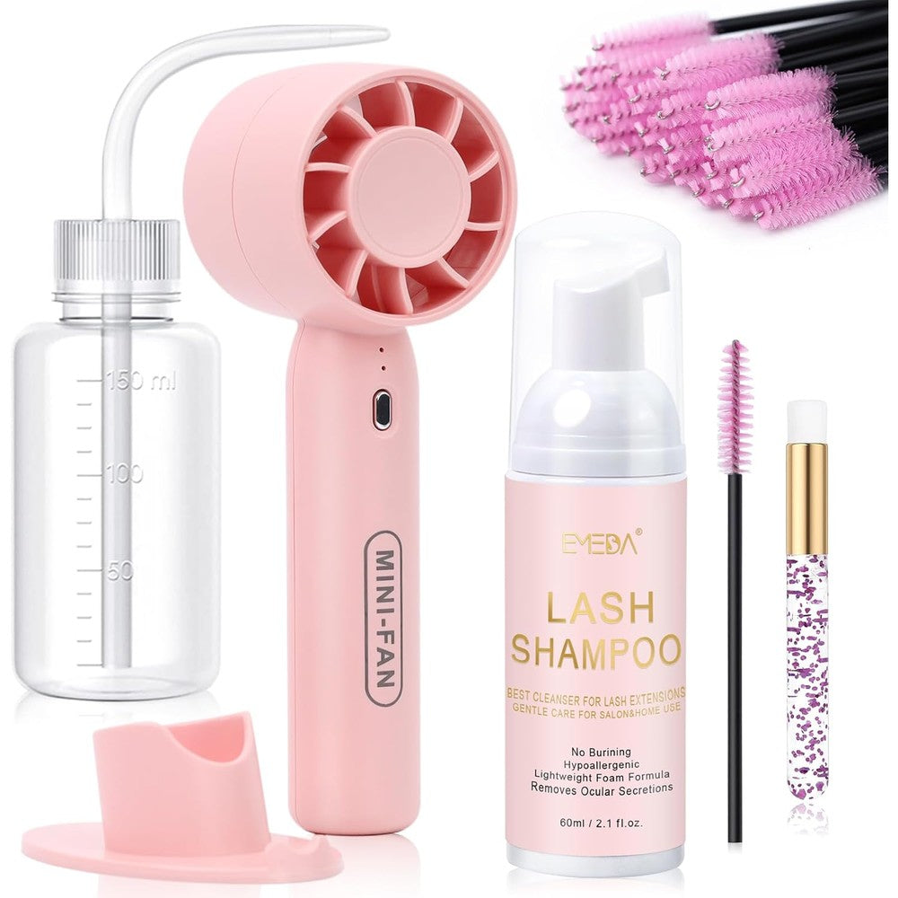 Emeda Lash Shampoo Kit front view with pink cleanser bottle and cleaning tools