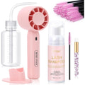 Emeda Lash Shampoo Kit front view with pink cleanser bottle and cleaning tools
