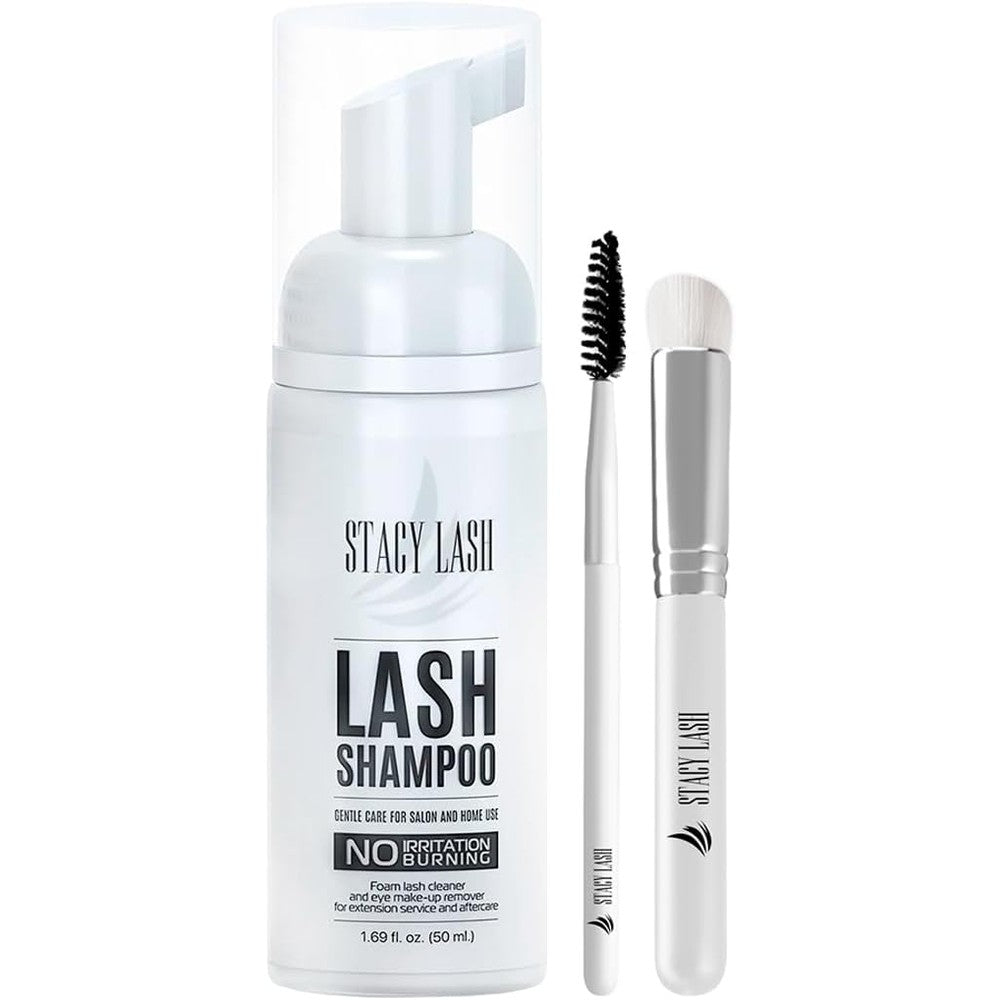 Stacy Lash eyelash extension shampoo bottle front view with cleansing brush