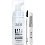 Stacy Lash eyelash extension shampoo bottle front view with cleansing brush
