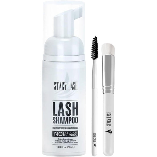 Stacy Lash eyelash extension shampoo front view bottle with cleansing brush