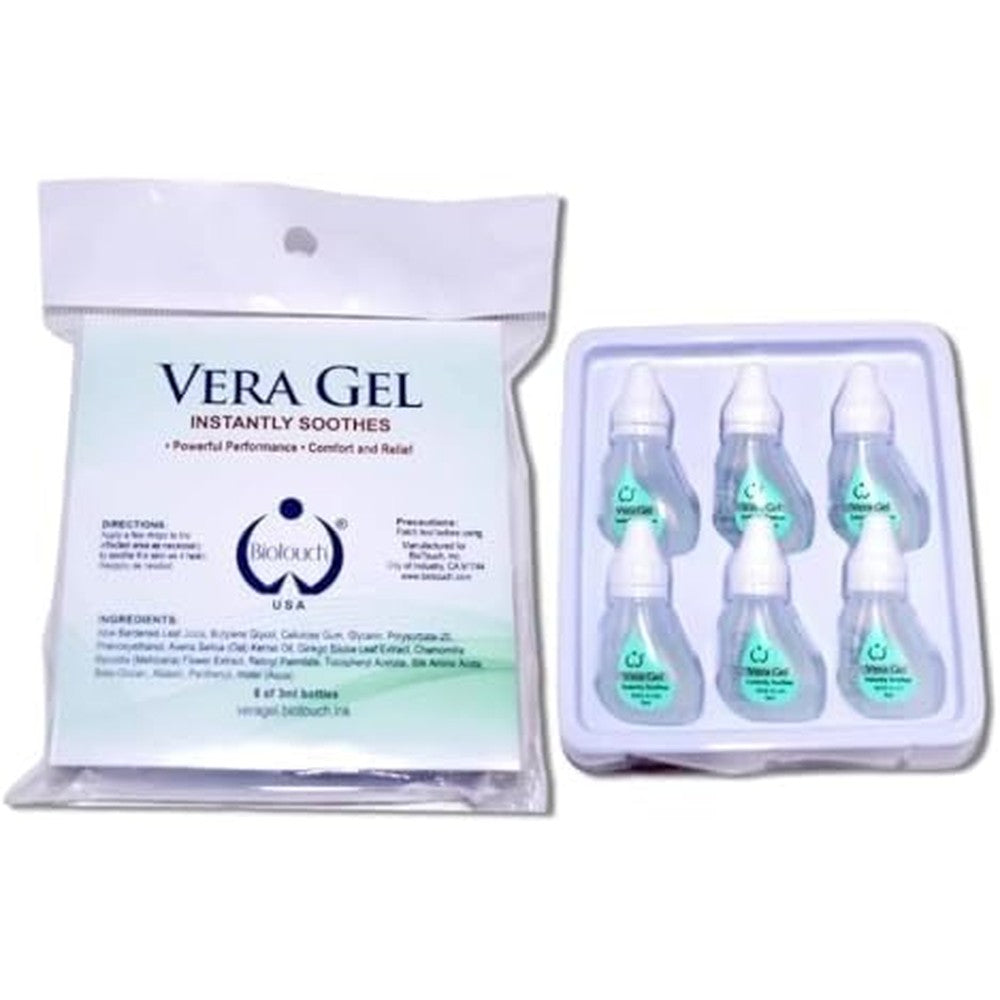 Biotouch Vera Gel front view showing the 6-pack of 3 milliliter aftercare bottles.