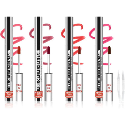 Vevivia 4pcs Lip Stain Peel Off - Lip Liner Stain Long Lasting Waterproof with Tweezer,2-in-1 Lip Liner Matte, Non-Stick Cup,Stay On All Day,Perfect for Gift(Cocoa+Rose+Nude+Mauve)