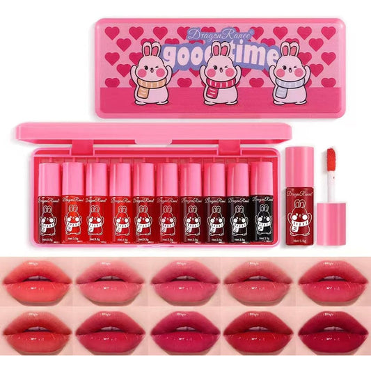 Eakroo 10 Colors Lip Tint Stain Set, Korean Lip Gloss Watery Lip Stain Moisturizing Mini Liquid Lipstick Set, Blush for Cheeks, Lipstick for Women, Non-Stick Cup, Long-Lasting, Vivid Color (Set B)