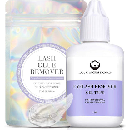 Dlux Professional Eyelash Extensions Gel Glue Remover 15ml bottle front view on a clean white background.