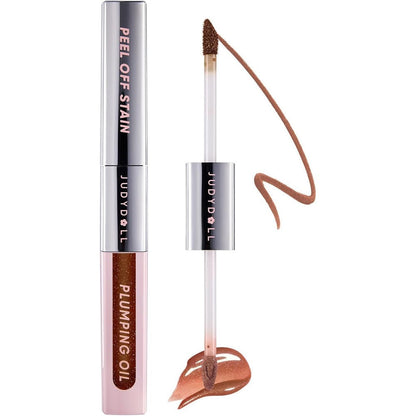 JUDYDOLL Peel Off Stain and Plumping Oil Duo - Long-Lasting Lip Stain with 3D Plumping Gloss, Hydrating and Non-Sticky Formula (#05 Coco Bronze)