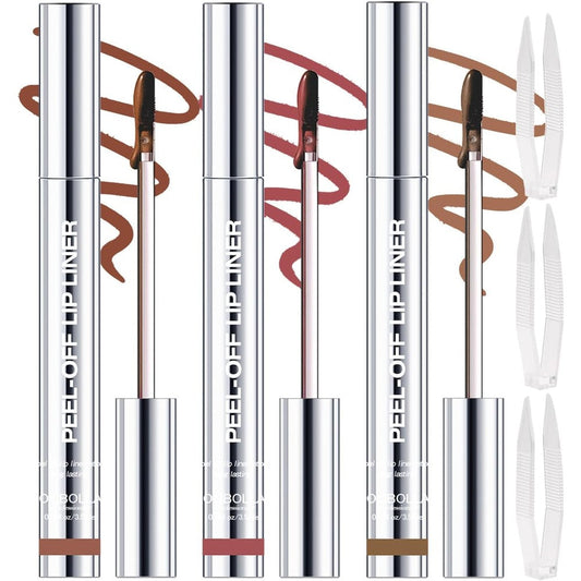 3 Colors Peel Off Lip Liner Stain with Tweezer, Long Lasting Waterproof Lip Tint Stains Makeup Set with Matte Finish for Women, Natural Look, Easy to Use, for All Skin Types (#2,3,4)