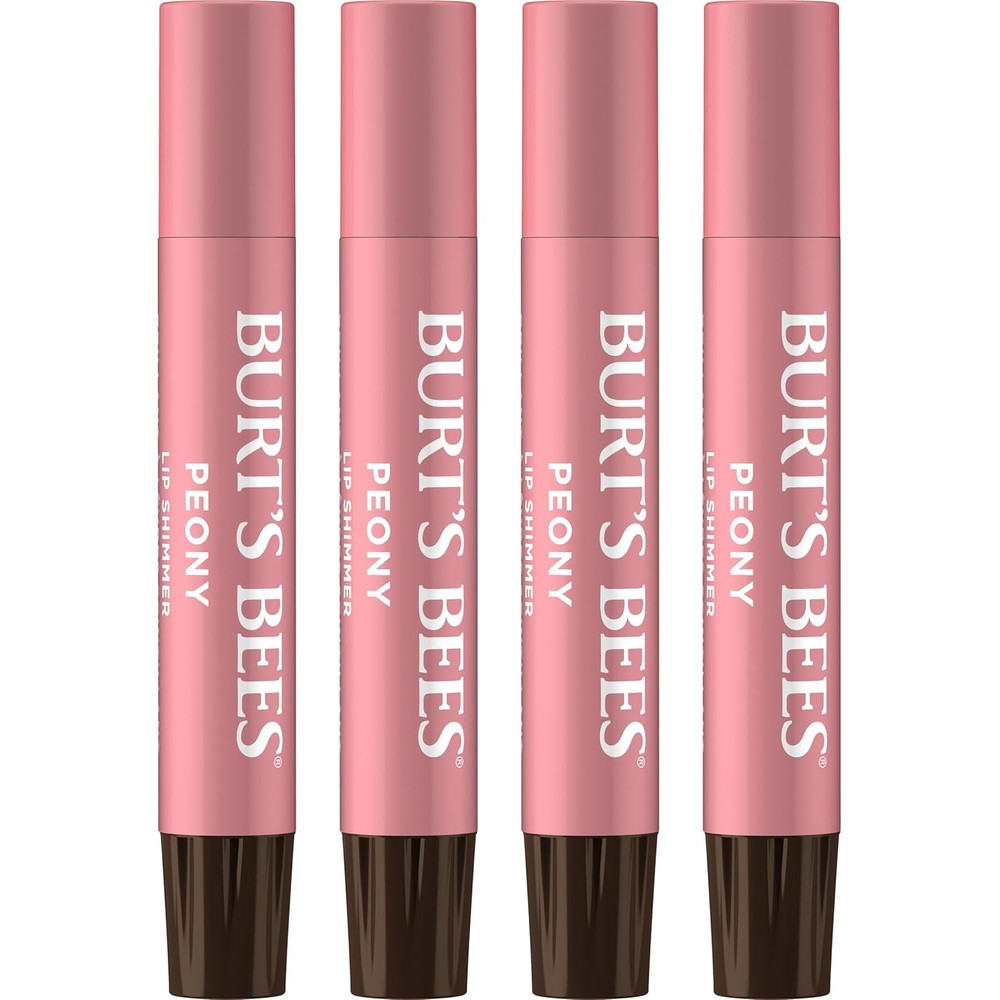 Burt's Bees Peony Lip Shimmer 4-pack front view showcasing slim tubes of tinted lip balm.