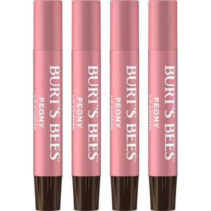 Burt's Bees Peony Lip Shimmer 4-pack front view showcasing slim tubes of tinted lip balm.