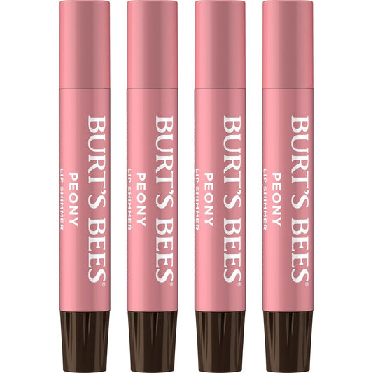 Burt's Bees Peony Lip Shimmer 4-pack front view showcasing slim tubes of tinted lip balm.
